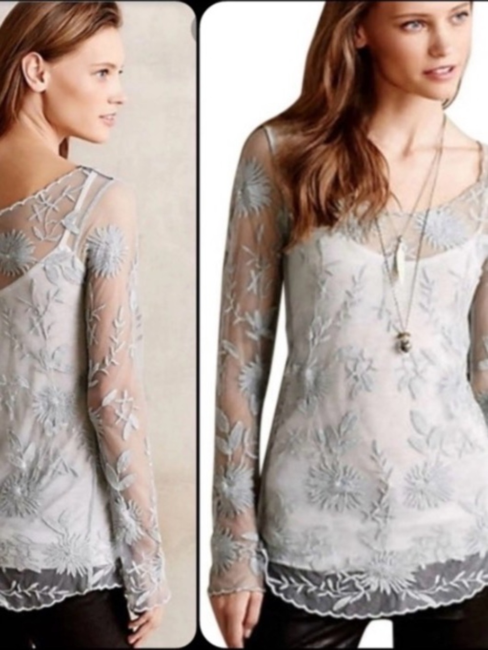 Anthropologie Light Gray Sheer Embroidered Long-Sleeve Blouse